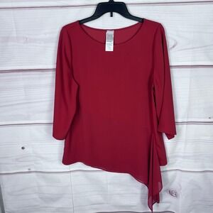 Chicos Top Womens 1 M Orange Asymmetrical Blouse Chiffon Hem 3/4 Sleeve Pullover